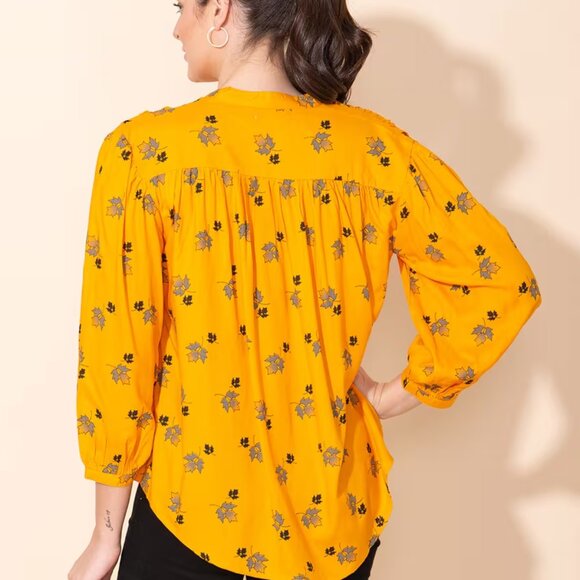 Tamsy Yellow Floral Printed Placket V-Neck Gathered Top - L NEW - Picture 1 of 3